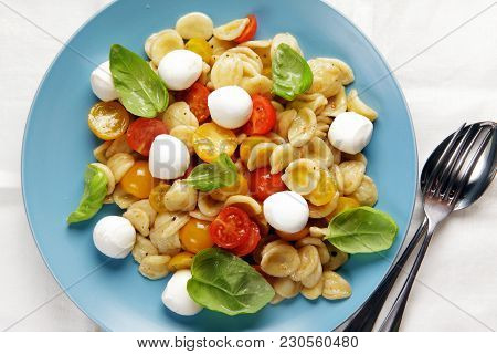 Summer Pasta Salad Of Fresh Orecchiette With Red And Yellow Tomatoes. Also Mozzarella Cheese And Bas