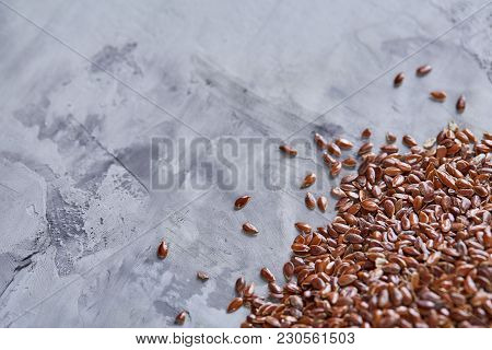 Top View Close-up Picture Of Separate Flax Seed On Light Textured Background, Macro, Selective Focus