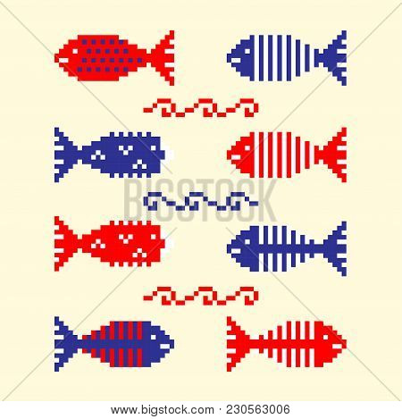 Modern Abstract Set Pixel Art Icons, Isolated Background. Summer, Holiday, Vacation Poster In Blue, 