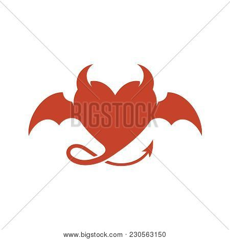 Devil Heart Logo. Red Heart Silhouette With Evil Wings, Horn And Sharp Tail With Arrowhead. Strange 