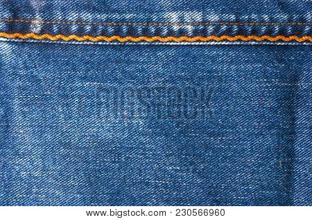 Blue Faded Jeans Texture With Yellow Seams, Macro, Close Up