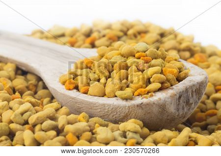 Flower Bee Pollen And A Wooden Spoon. Natural Remedy For Immunity Enhancement. Beekeeping Products. 