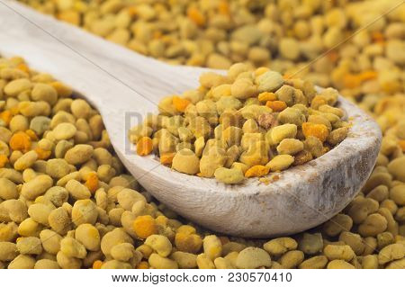 Flower Bee Pollen And A Wooden Spoon. Natural Remedy For Immunity Enhancement. Beekeeping Products. 