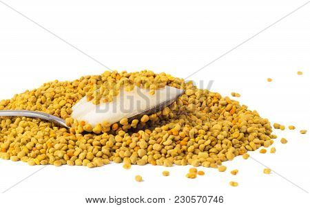 Flower Pollen With Honey Is Isolated On A White Background. Natural Remedy For Immunity Enhancement.