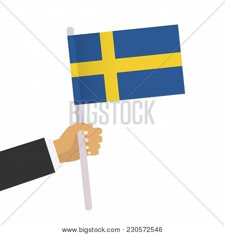 Man Holds Sweden Flag. Hand Holding Flag. Vector Stock.