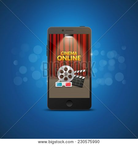 Cinema Movie Mobile Theater Design. Vector Online Film Illustration. Online Booking Ticket App. Smar