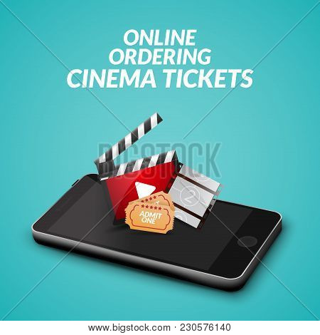 Cinema Movie Ticket Online Order Concept. Mobile Cinema Smartphone App Or Web Reservation. Vector Il