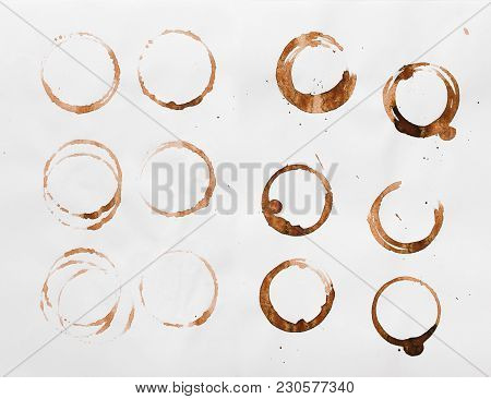 Set Of Coffee Cup Stains Isolated On White Background. Dry Rings Of Bracing Beverage. Collection Of 