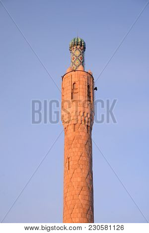 Minaret Of Saint Petersburg Mosque On Petrograd Side At Evening, Russia.