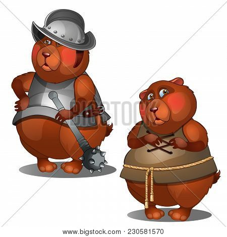 Fat Hamster In Medieval Knight Armor And Casual Clothes. Vector Illustration.