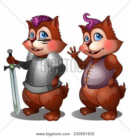 Hamster In Medieval Knight Armor And Casual Clothes. Vector Illustration.
