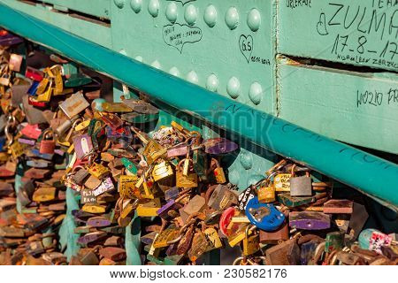 Wroclaw, Poland - March 9, 2018: View Of Symbolic Love Padlocks Fixed To The Railings Of Grunwaldzki