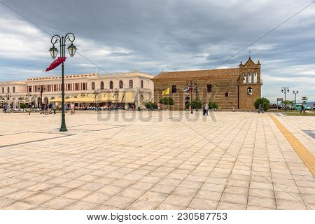 Zakynthos, Greece - September 29, 2017: Main Square And Ancient Church Of St. Nicholas Of The Mole I