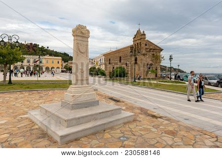 Zakynthos, Greece - September 29, 2017: Solomos Square On The Island Of Zakynthos With Ancient Churc