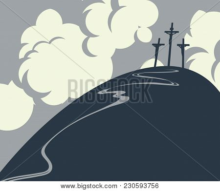 Vector Easter Banner With Mount Calvary And Crosses At Sky With Clouds