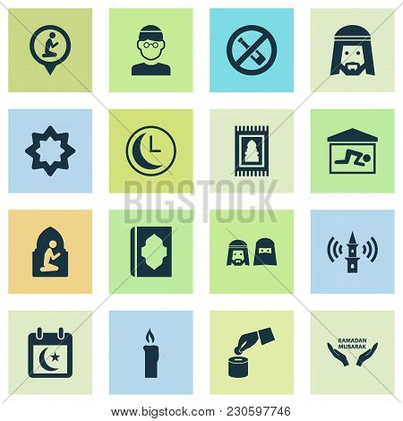 Religion Icons Set With Muslim, Adhaan, Holy Book And Other Koran  Elements. Isolated Vector Illustr