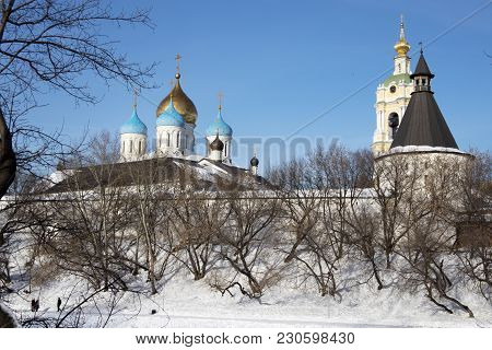Moscow, Russia -march 10 2018 Spaso-preobrazhensky Cathedral In Novospassky Monastery
