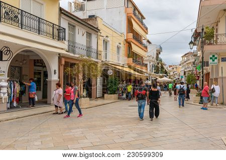 Zakynthos, Greece - September 29, 2017: Promenade With Shops And Restaurants In Zante Town. Zakyntho