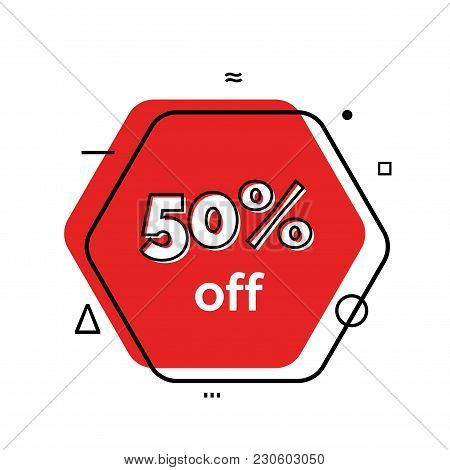 Fifty Percent Off Lettering On Hexagon. Sale Design Element. Typed Text, Calligraphy. For Posters, B