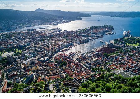 Bergen is a city and municipality in Hordaland on the west coast of Norway. Bergen is the second-largest city in Norway. The view from the height of bird flight. Aerial FPV drone flights.