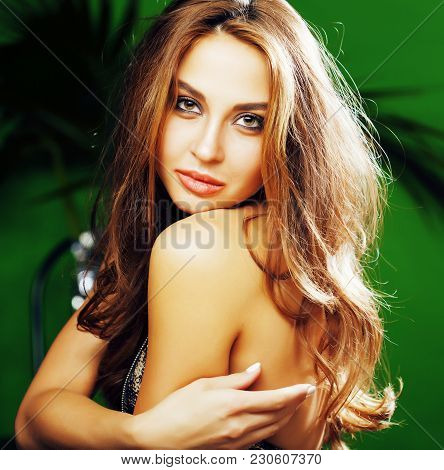 Young Cute Blonde Woman On Green Palm Background Smiling Happy, Lifestyle Peole Concept Close Up