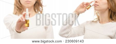 Female Hands Medicine Nose Nazal Spray  Medicine Healthy Cold Flu Disease Set On White Background Is