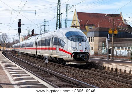Fuerth / Germany - March 11, 2018: Ice 3, Intercity-express Train From Deutsche Bahn Passes Train St
