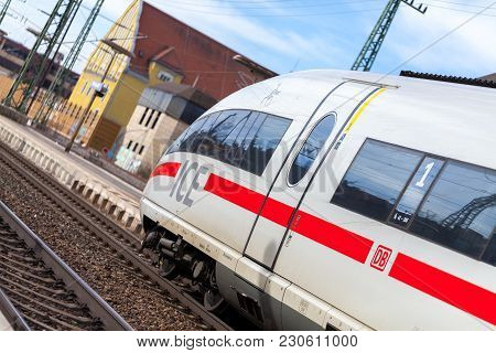 Fuerth / Germany - March 11, 2018: Ice 3, Intercity-express Train From Deutsche Bahn Passes Train St
