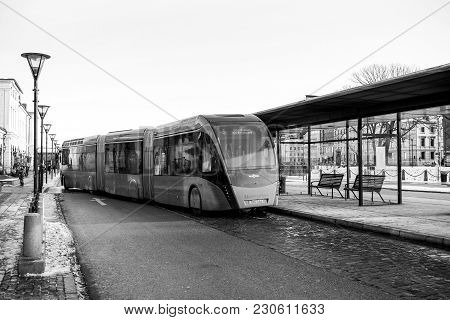 Malmo, Sweden - 29 Dec 2014: Modern Double Articulated Bus Van Hool 324h Exequicity 24 Hybrid Operat