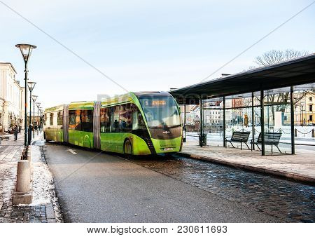Malmo, Sweden - 29 Dec 2014: Double Articulated Bus Van Hool 324h Exequicity 24 Hybrid Operated By S