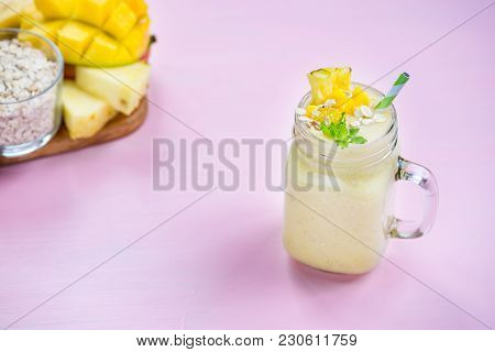 Mango, Banana, Pineapple And Oatmeal Smoothie In The Jar
