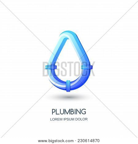 Vector Plumbing Logo, Icon, Emblem Design Template. Blue Pipe In Water Drop Shape. Concept For Pipel