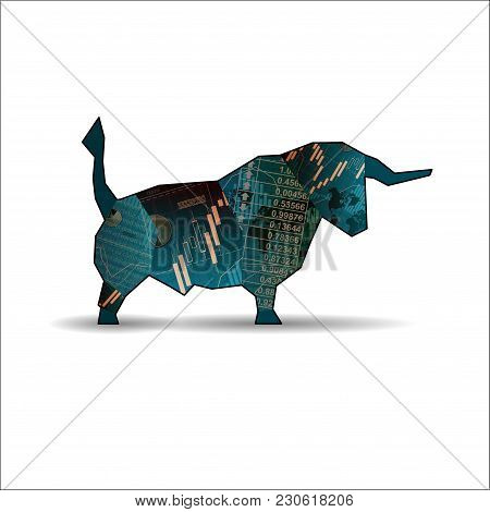 Blue Abstract Market Bull With Graphs And Numbers Isolated On White Background
