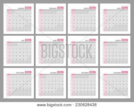 Set Identical Light Calendars, 2019, Months, Flat. Diary For Notes, Scheduling, Marks Of Important D
