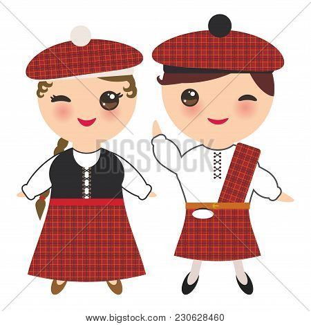 Scotsman Boy And Girl In National Costume And Hat. Cartoon Children In Traditional Scotland Dress, G