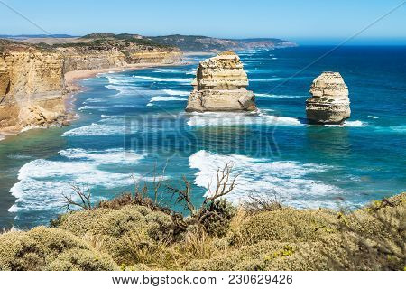 Two Of Twelve Apostels Overlooking Greenbush At The Great Ocean Road, Victoria, Australia