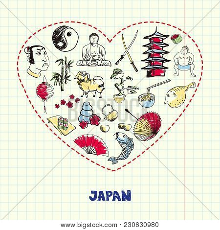 Love Japan. Dotted Heart Filled With Colored Doodles Associated With Japanese Nation On Squared Pape