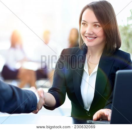 close-up of a handshake of a Manager and customer in the workpla