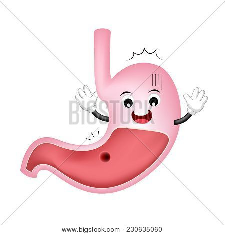 Scared Cartoon Stomach Character. Peptic Ulcer, Unhealthy Internal Organ Concept. Vector Illustratio