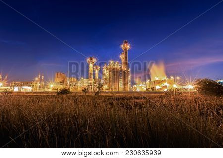 Gas Combine Electrical Power Plant At Dusk With Blue Sky Is Support All Factory In Industrial Estate