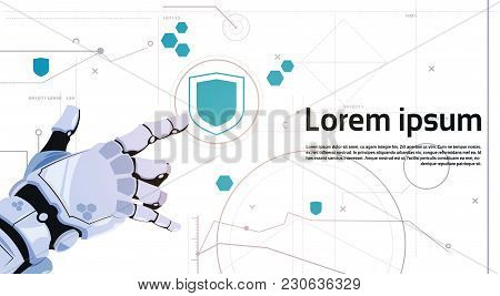 Robot Hand Touch Button Digital Shield Button Web Security Concept Banner With Copy Space Flat Vecto