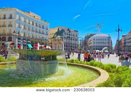 Big Beautiful Square Puerta Del Sol In Madrid, With Tourists And