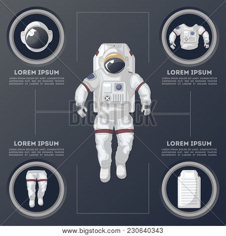 Details Of Modern Space Suit Infographics. Spaceman Equipment, Helmet, Overalls And Backpack Vector 