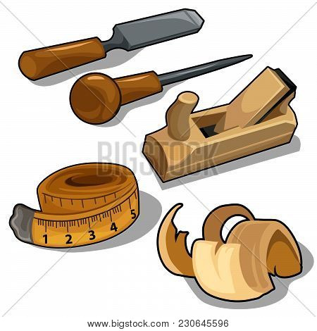 Set Of Carpenter Tools Isolated On White Background. Vector Cartoon Close-up Illustration.