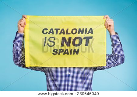 Man With Pro-independence Flag. Referendum For The Separation Of Catalonia From Spain Concept.