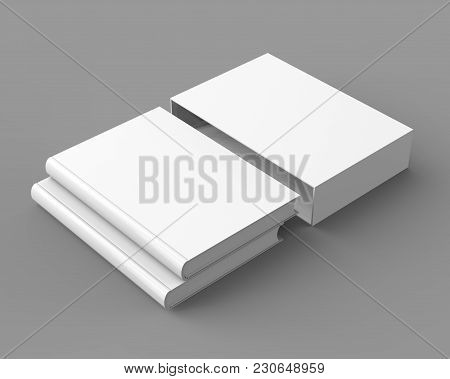 Blank Book With Cardboard Box Cover, Elevated View Of Book And Case In 3d Render