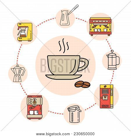 Coffee Shop Flat Line Collection Drink Consept. Modern Icons For Coffee Shop And Coffee House. Color