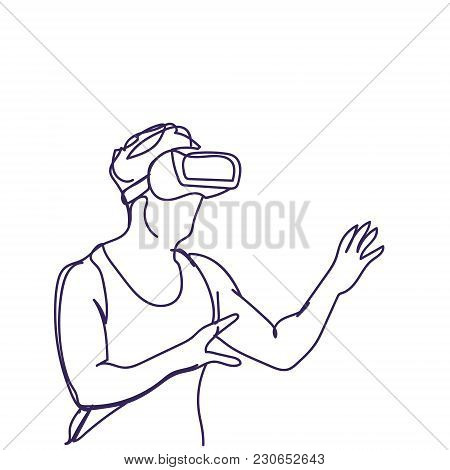 Man Sketch Wearing 3d Glasses Virtual Reality Headset Doodle Guy In Digital Goggles Vector Illustrat
