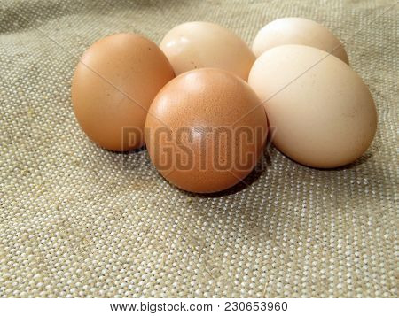Chicken Eggs On Burlap. Fresh Eggs On The Farm