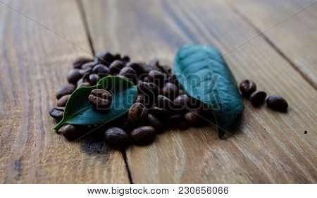 Coffe Beans And Green Leaf